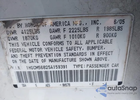 2005 Honda Accord 2.4 Ex from USA, damaged, VIN 1HGCM56825A159391